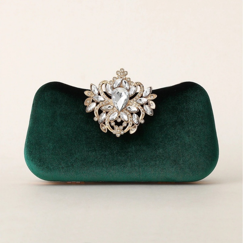 Women Bags Gold - Dunkelgrüne Samt-Clutch Luxuriöse Strass-Blumenbrosche Harte Abendhandtasche