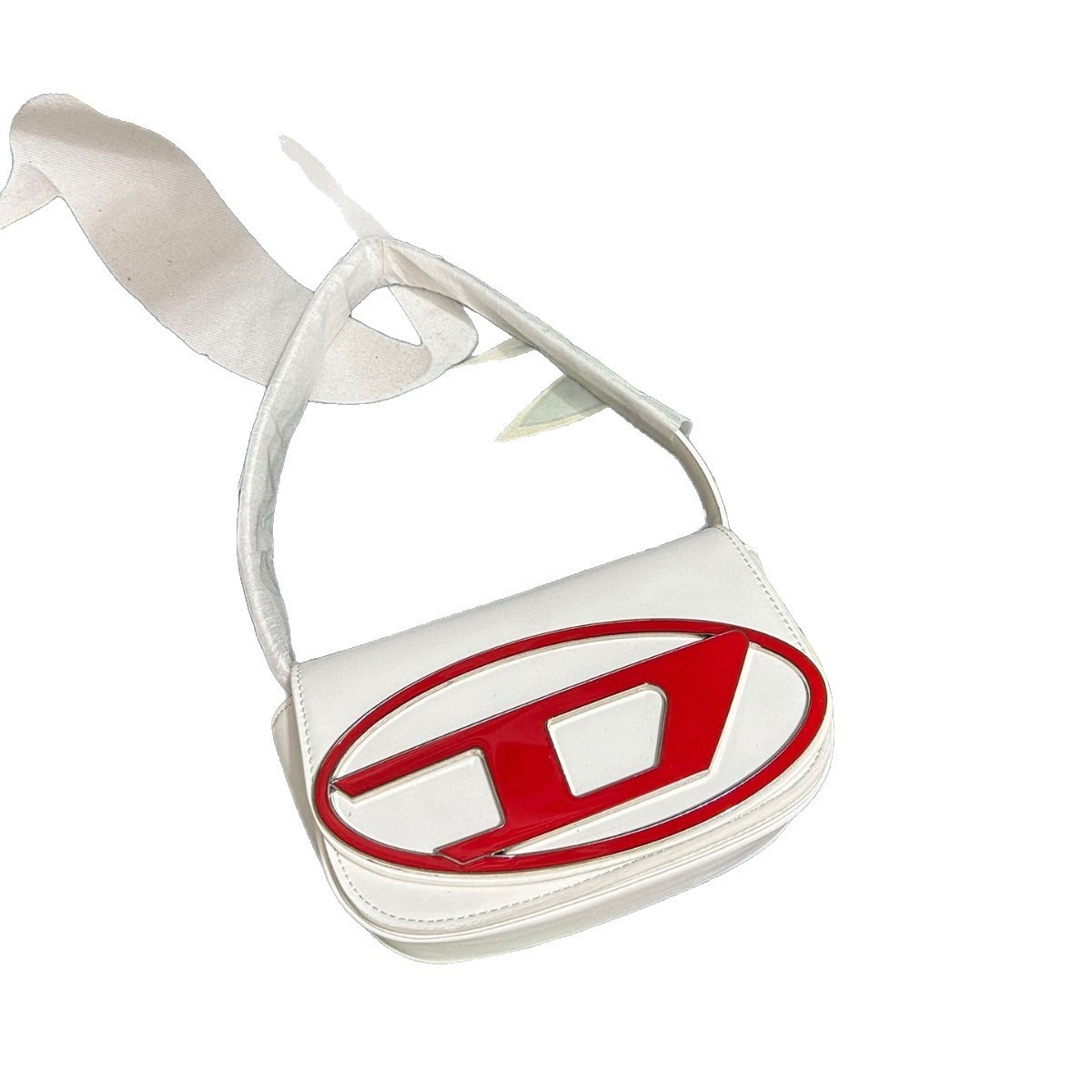 Women Bags Logo - Reinweiße, glatte Leder-Mini-Unterarmtasche mit glänzendem rotem