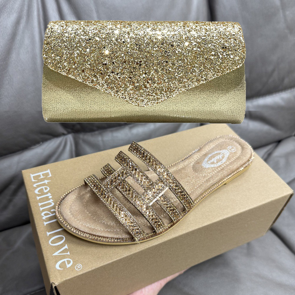 Women Bags Gold - Sommerliche neue bronzefarbene Strass-Slipper in Übergröße,