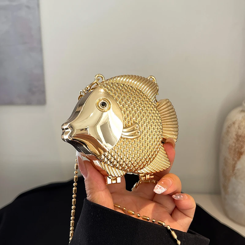 Women Bags Gold - Niedliche kleine Fischform Metall Mini Schulter