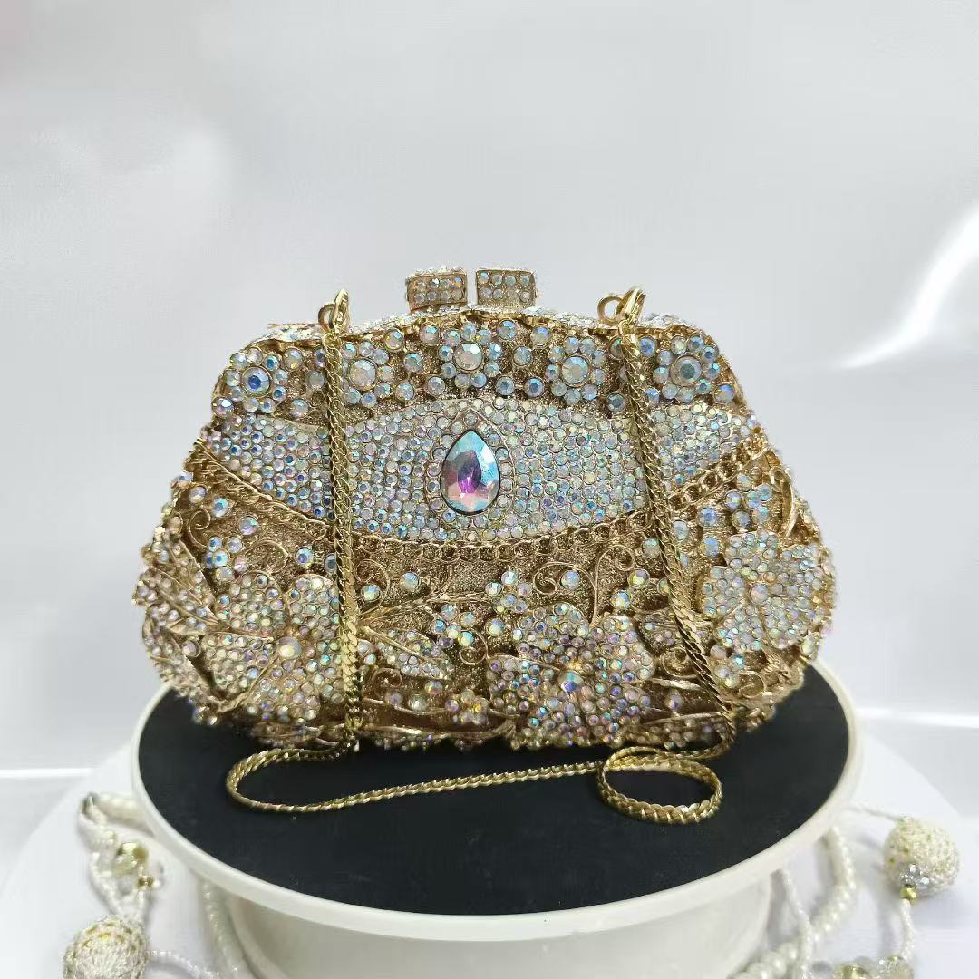 Goldene Metall-Blumen-Diamant- – Women Bags Gold Bewertung und Preis